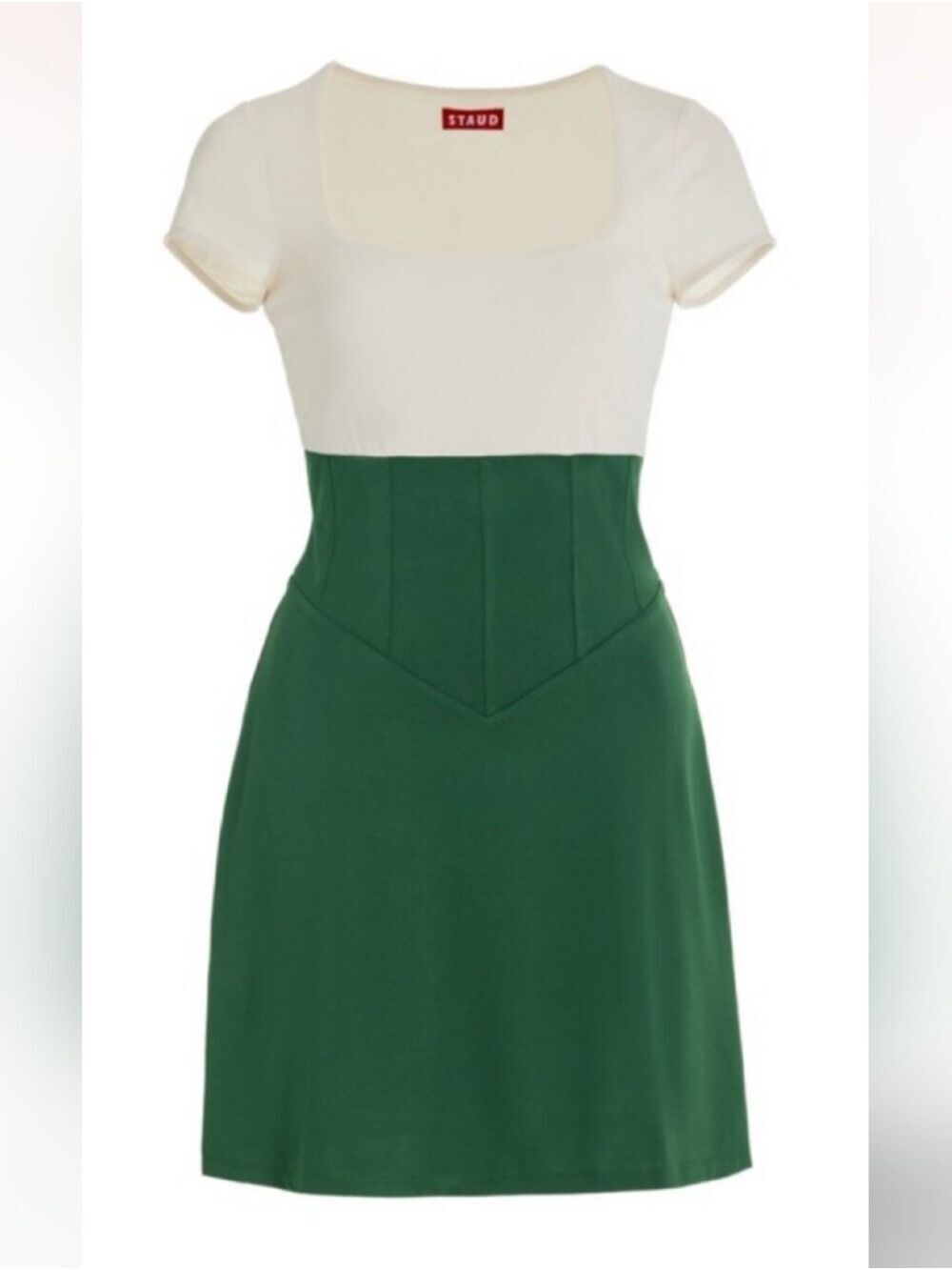 STAUD Women's BACKSPIN DRESS Court Green Ivory built-in Shorts size Medium NWOT